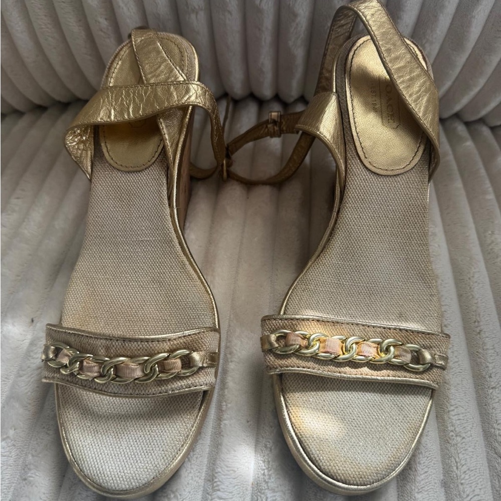 Coach Metallic Gold Chain-Trim Slingback Sandals